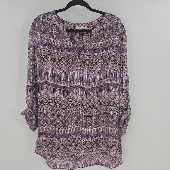 Roz & Ali Tops - Roz & Ali Purple Multi-Pattern Peasant Blouse